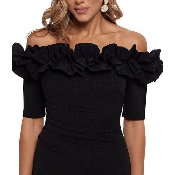 XSCAPE Women's Ruffled Off-the-Shoulder Short Sleeve Crepe Sheath Gown 12 NWT - Picture 3 of 14